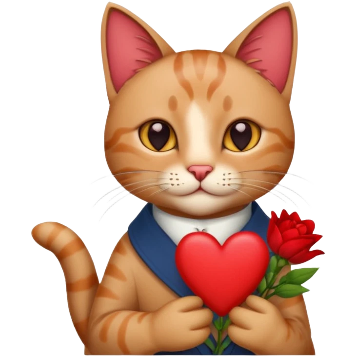 Male cat holding red flowers and heart emoji