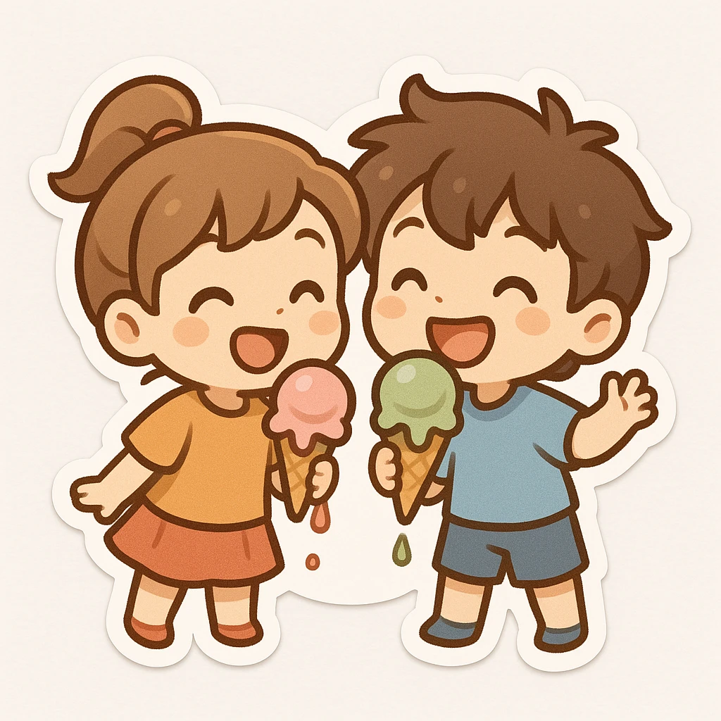 happy children with melting ice cream cones emoji