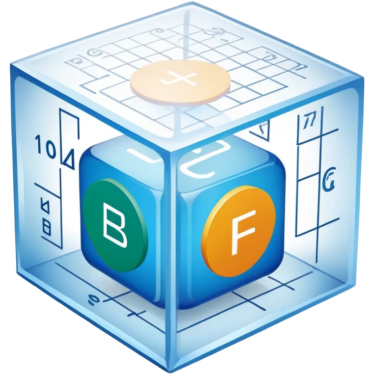 An icon featuring a transparent cube with geometric sections and mathematical calculations, symbolizing the study of mathematics. The design includes algebraic formulas, graphs, and mathematical symbols, representing advanced mathematical concepts and problem-solving. Transparent background emoji