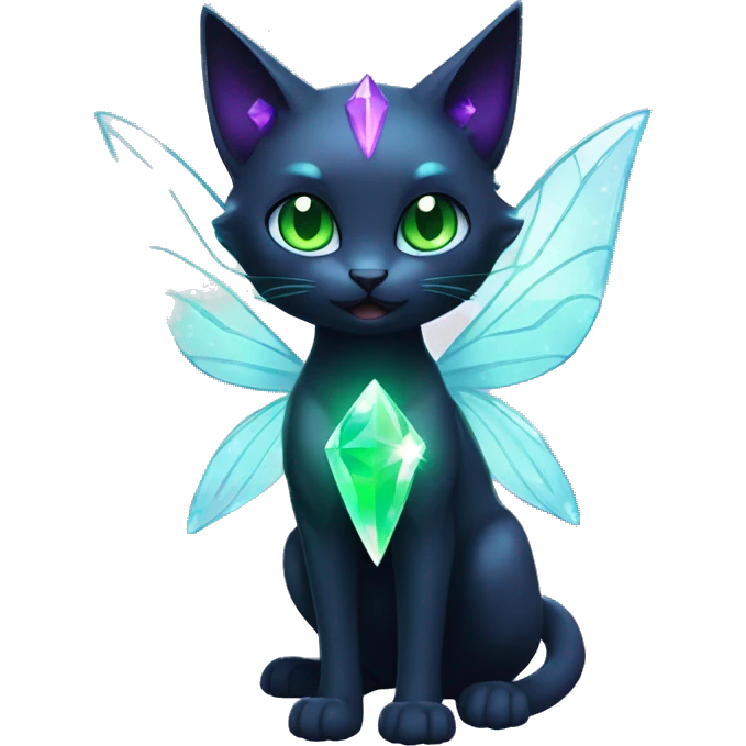Shiny, Sparkly, Black Dark-type-Fairy-Type-Psychic-Ice-type-Fakémon-Cat Purple eyes, green gem, full body emoji
