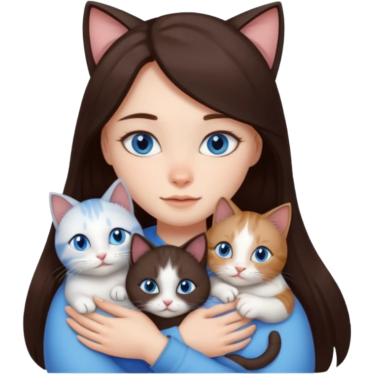 a girl with long dark 
brown hair, with blue eyes, hugs 3 different natural coloured cats emoji