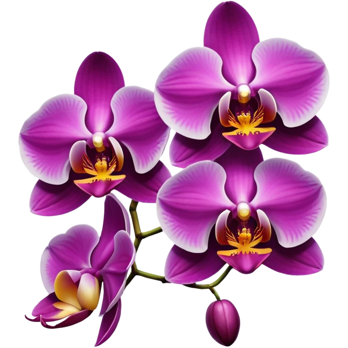 Masterpiece, still life, 4k, 8000x8000px, ultra detailed, hyperrealism, bold, vivid, incredibly beautiful, orchid flowers in a variety of shades. Must have transparent background. emoji