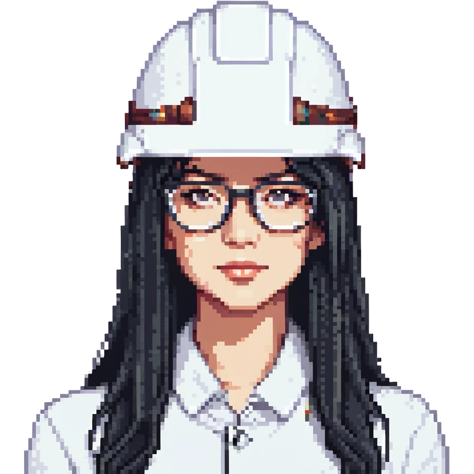 A woman with long, straight black hair, wearing glasses and a white architect's helmet emoji