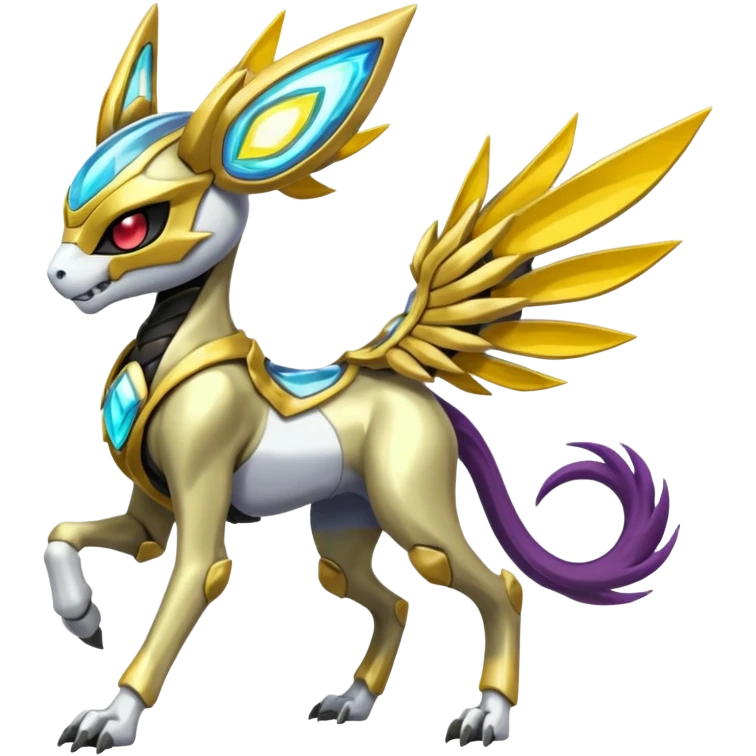 Colorful Skeletal masked armored Futuristic Meloetta-Manectric-Solgaleo-Raikou-Pokémon-Digimon-Fakémon-fusion-hybrid-creature, full body emoji