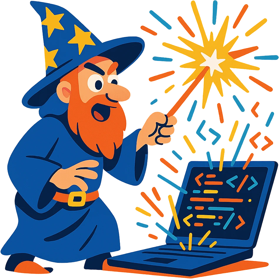 cartoon wizard coder casting a spell on a computer with sparks and code flying, vibrant toon style, cartoonish, colorful, dynamic emoji
