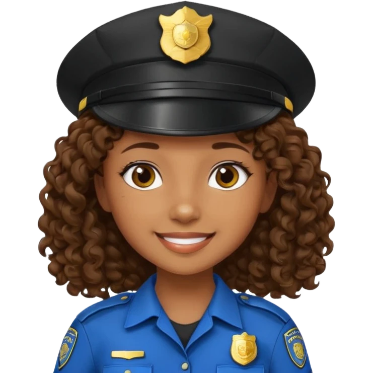 a cartoon-style avatar of a girl police officer with curly brown hair, wearing a black cap emoji
