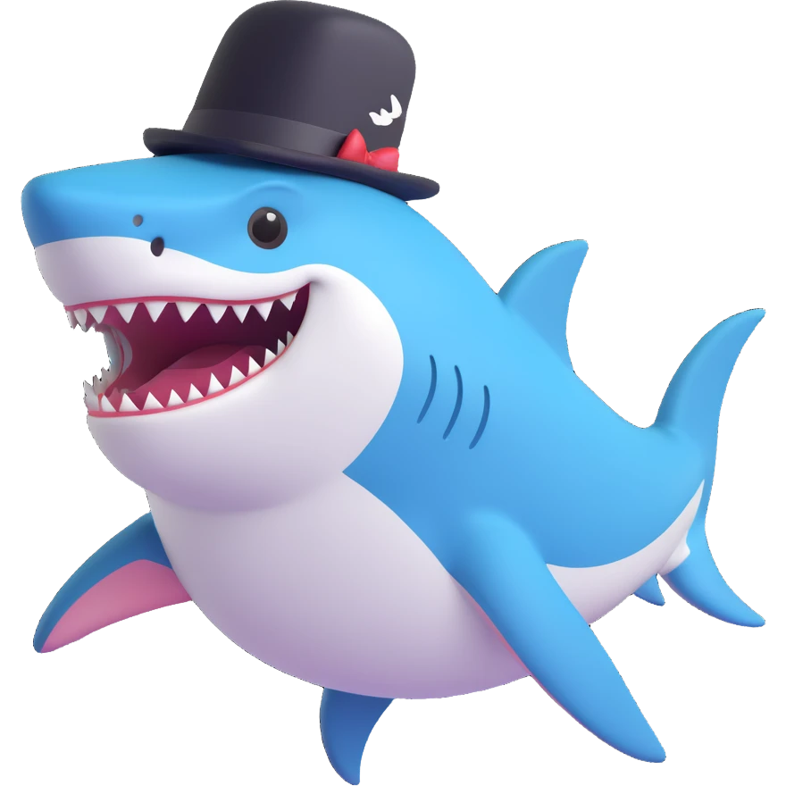 cartoon shark with a black top hat, smiling emoji