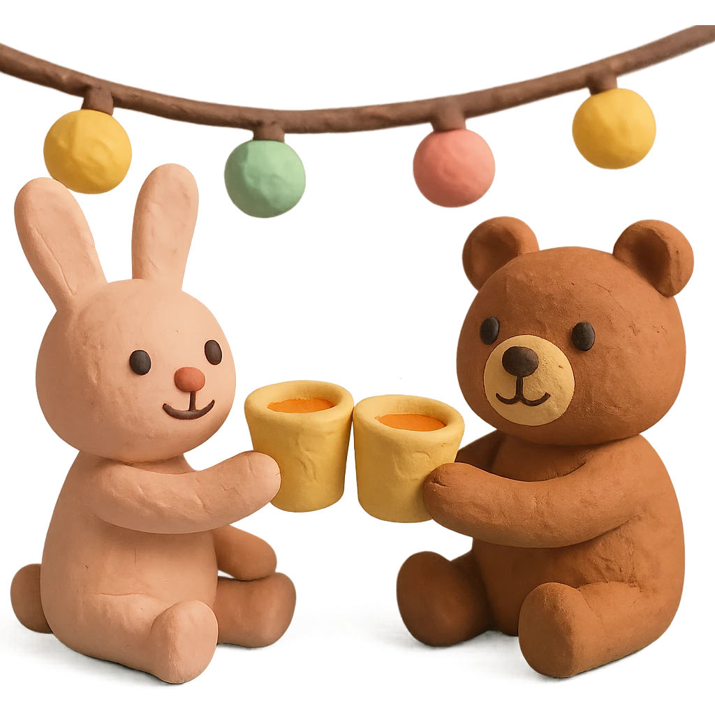 bunny and bear clinking juice cups under string lights, matte plasticine claymation style with visible fingerprints, pastel colors emoji