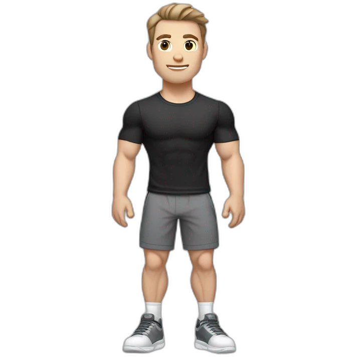 Pale skinned Fit Man With the biceps and dark brown hair in black shirt, gray sports shorts and white Sneakers Relies on the plane emoji