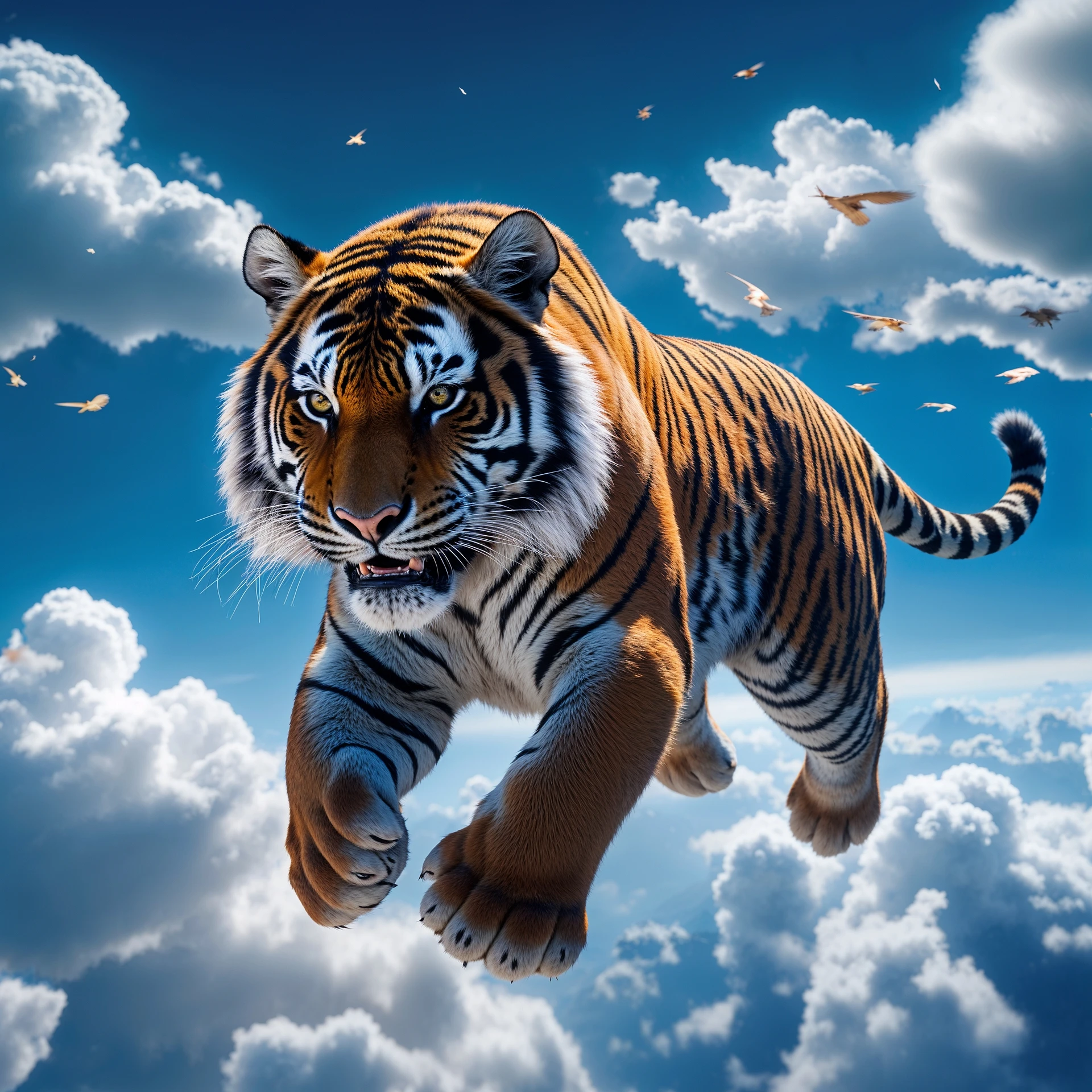 Tiger with corwn flying around clouds, blue solid color, with cinematic blur emoji