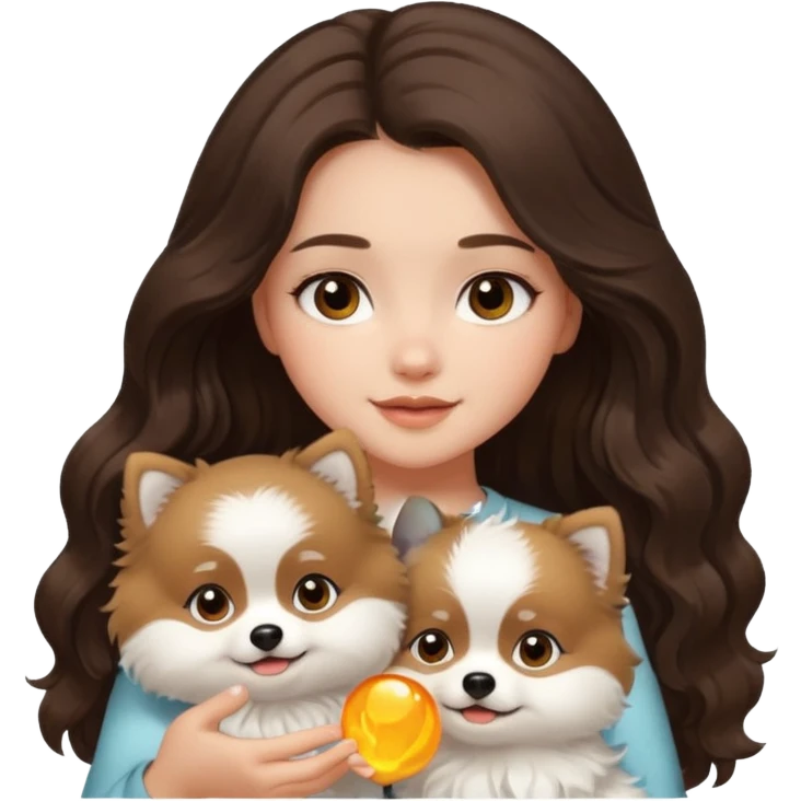 light-skinned-girl-wavy-dark-brown-long-without-volume-hair-brown-eyes-petting-light-white-pomeranian emoji
