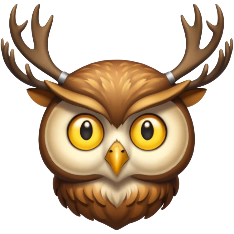 Emoji chouette perchée brun clair, yeux jaunes brillants,bois de cerf imposants sur la tête, sagesse et puissance. Avec majesté emoji