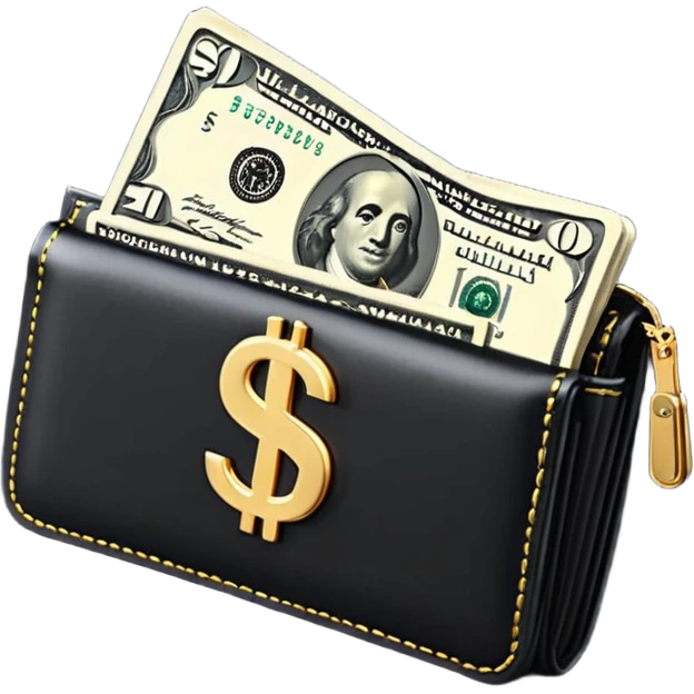 Rich emoji style black leather wallet with dollar bills, luxury money vibe, premium 3D emoji, ultra clean, high detail, no background
 emoji