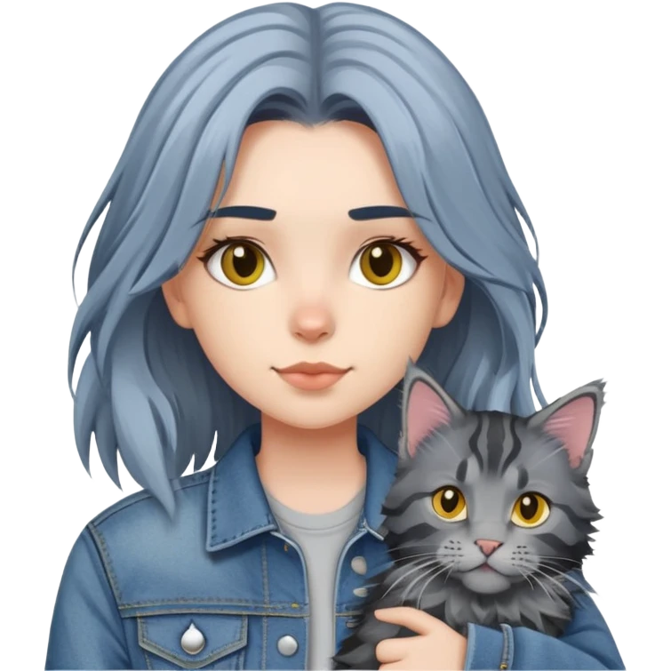 girl with black and yellow hair wearing denim jacket with gray maine coon cat emoji