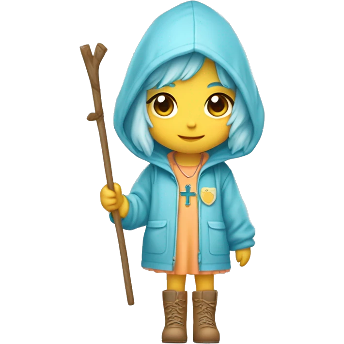 Cute little girl with light blue hair with peach skin, with yellow raincoat hooded with boots holding a wooden staff, with a cross necklace, Sanrio design emoji