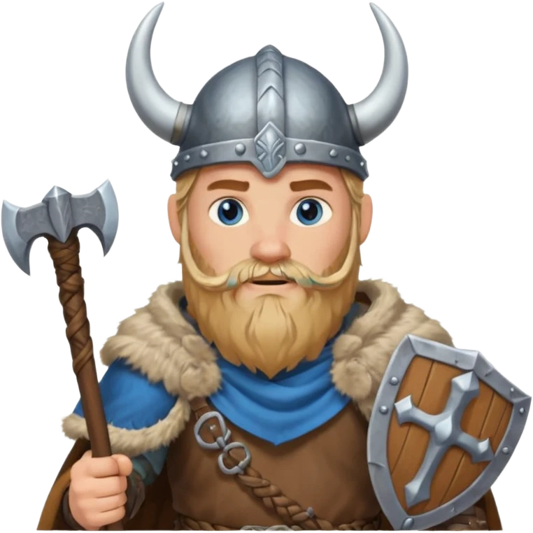 A tall Viking with braided blond beard, fur cloak, and heavy axe resting on his shoulder with horned helmet emoji
