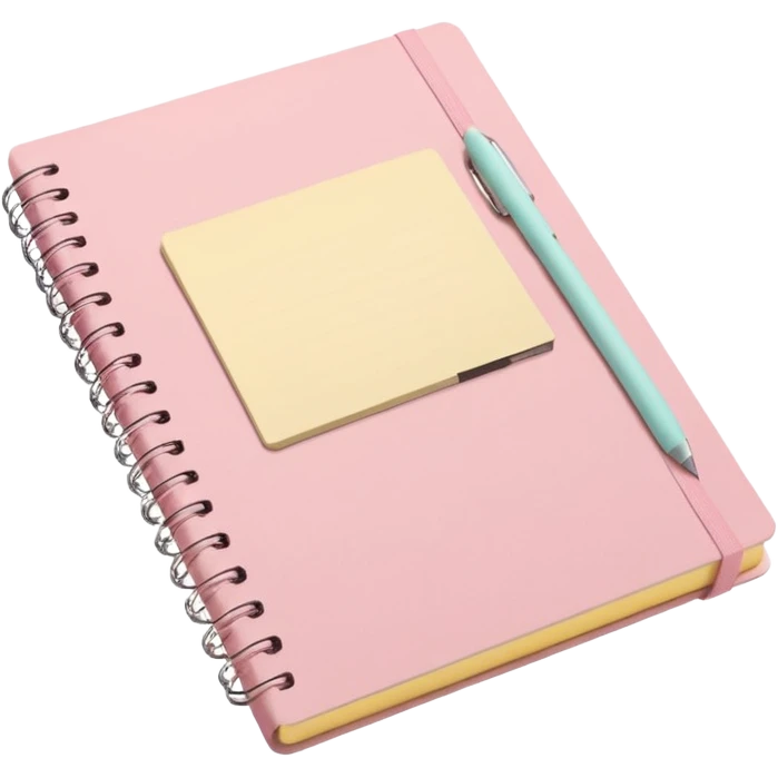 pastel aesthetic notebook, pink cover, slightly open with visible notes inside, beige and yellow paper, soft grain texture, pinterest illustration, no background emoji