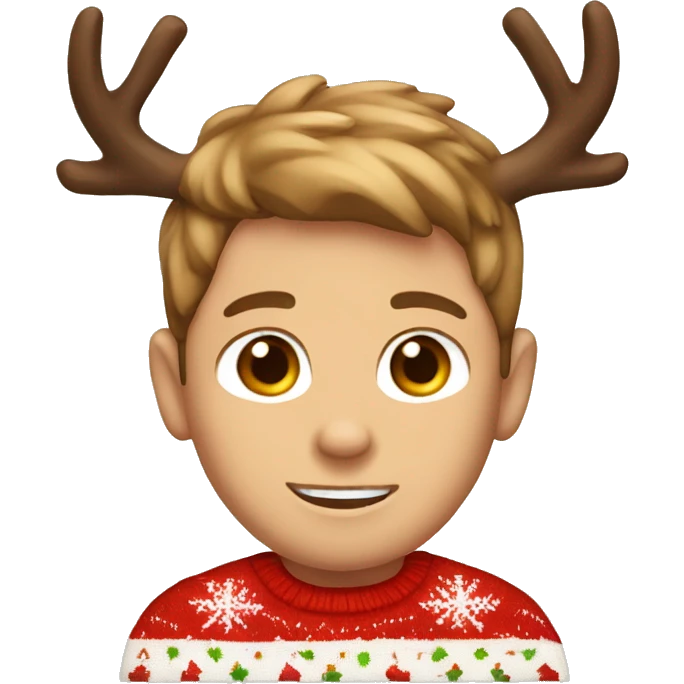 light brown hairwd boy with christmas sweater and raindeer horns emoji