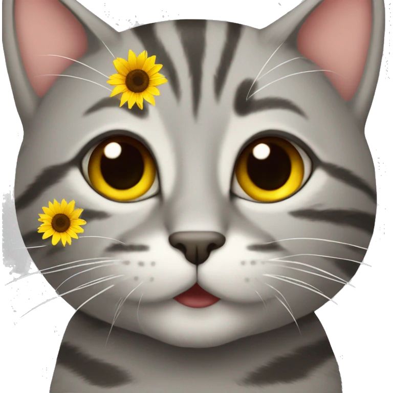 gray tabby cat face with sunflower petals around head emoji