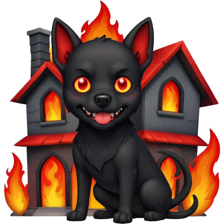 evil black dog in front of a house fire emoji