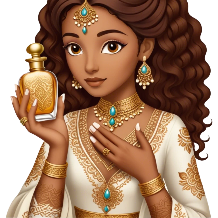 A mesmerizing close-up of henna-adorned hands delicately holding an ornate perfume bottle. The deep, intricate henna patterns beautifully contrast against the soft skin, while the luxurious gold-embellished bottle exudes opulence and tradition. emoji