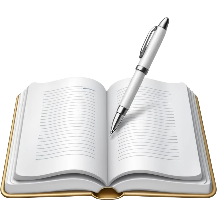 "A white open book,The pen should be positioned as placed exactly in the center between the pages.  if held by a right-handed person - meaning the direction is reversed compared to a left-handed grip. The pen should be uncapped, and the cap placed behind it." emoji