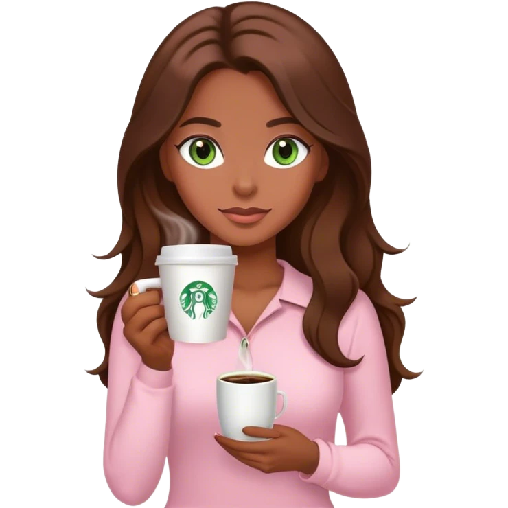 pretty woman with very long brown hair and green eyes and light pink outfit with a coffee emoji