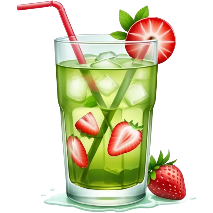glass of iced green tea with strawberry slices emoji
