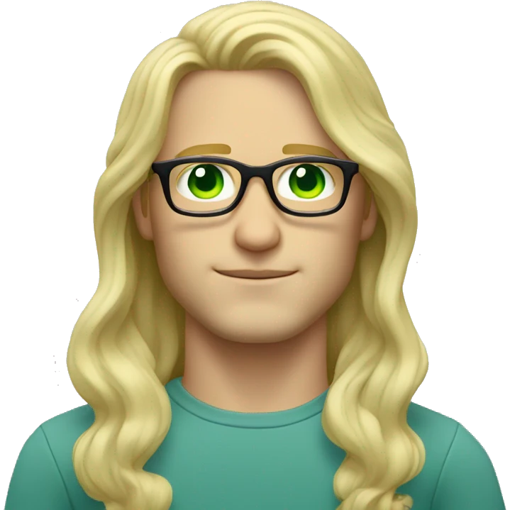 Man with light green eyes pale skin long blond wavy hair and circle glasses  emoji