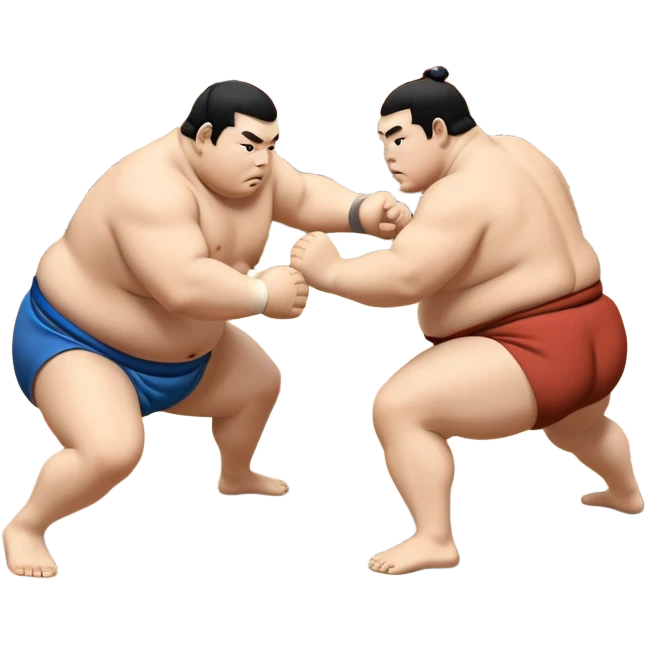 Two sumo wrestlers in a classic dohyo ring, each displaying powerful stances and ready to engage in a fierce match. One wrestler attempts a pushing attack, while the other counters with a thrust. The background shows the traditional sumo arena and spectators. Transparent background. emoji