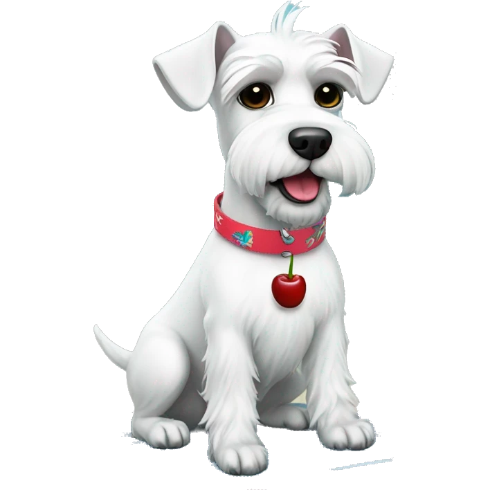 White mini schnauzer on surf board wearing a cherry collar  emoji