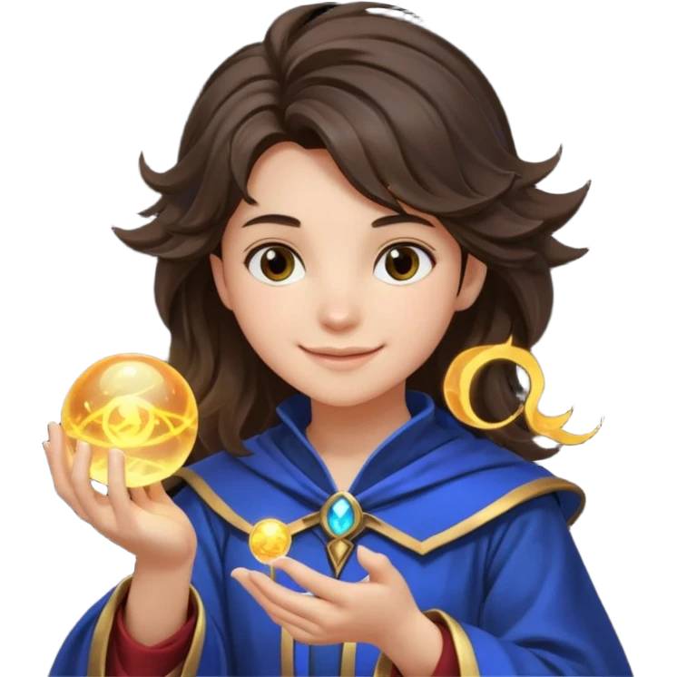 A teen brunette mage with tousled hair, holding a tiny glowing orb and smiling confidently. emoji