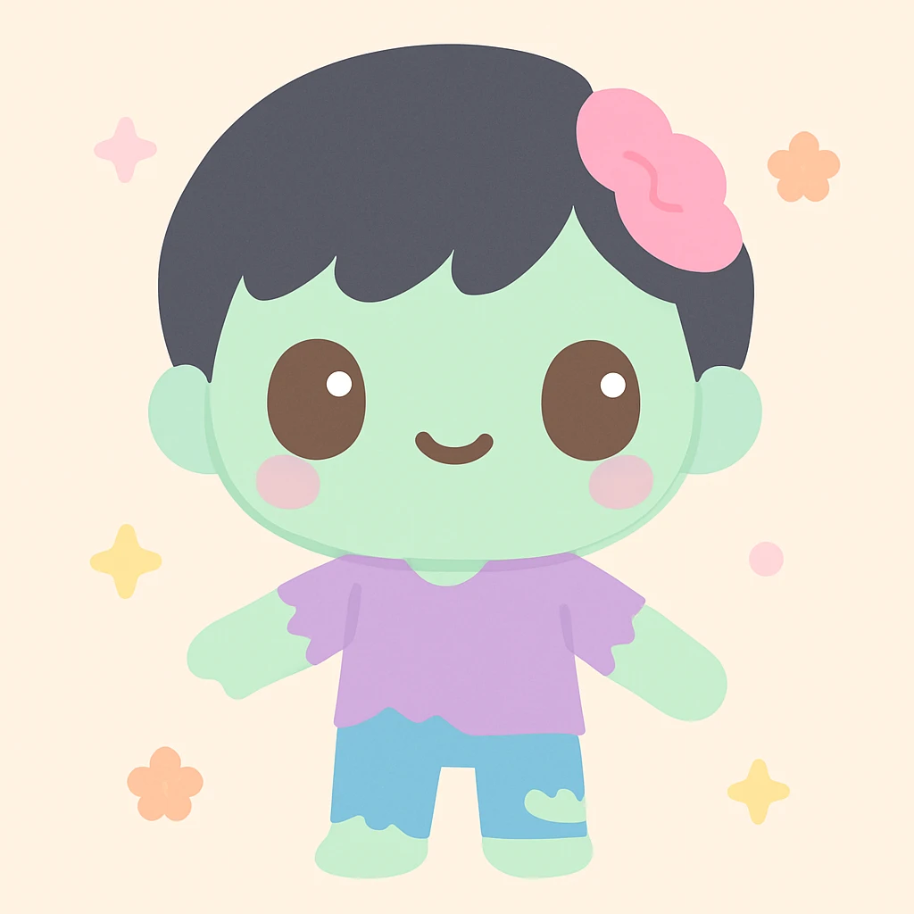 zombie boy with black hair and brown eyes, fourth unique style, kawaii style, creative emoji