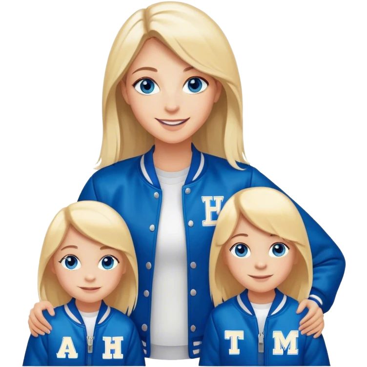 smiling mother in letterman jacket Blue eyes, Name is Tini, two Little girls Long blond straight hair and Blue eyes emoji