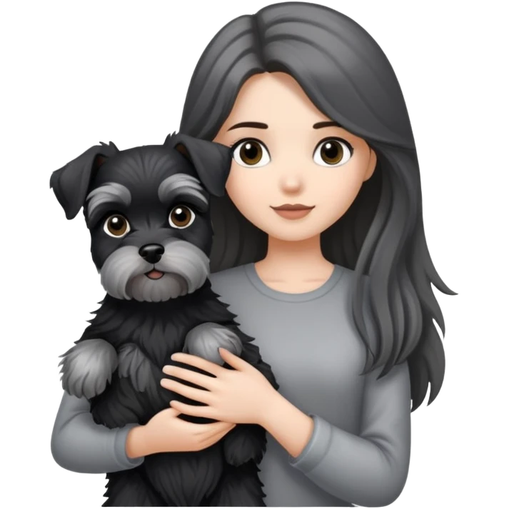 A long-haired girl holding a black and silver schnauzer emoji