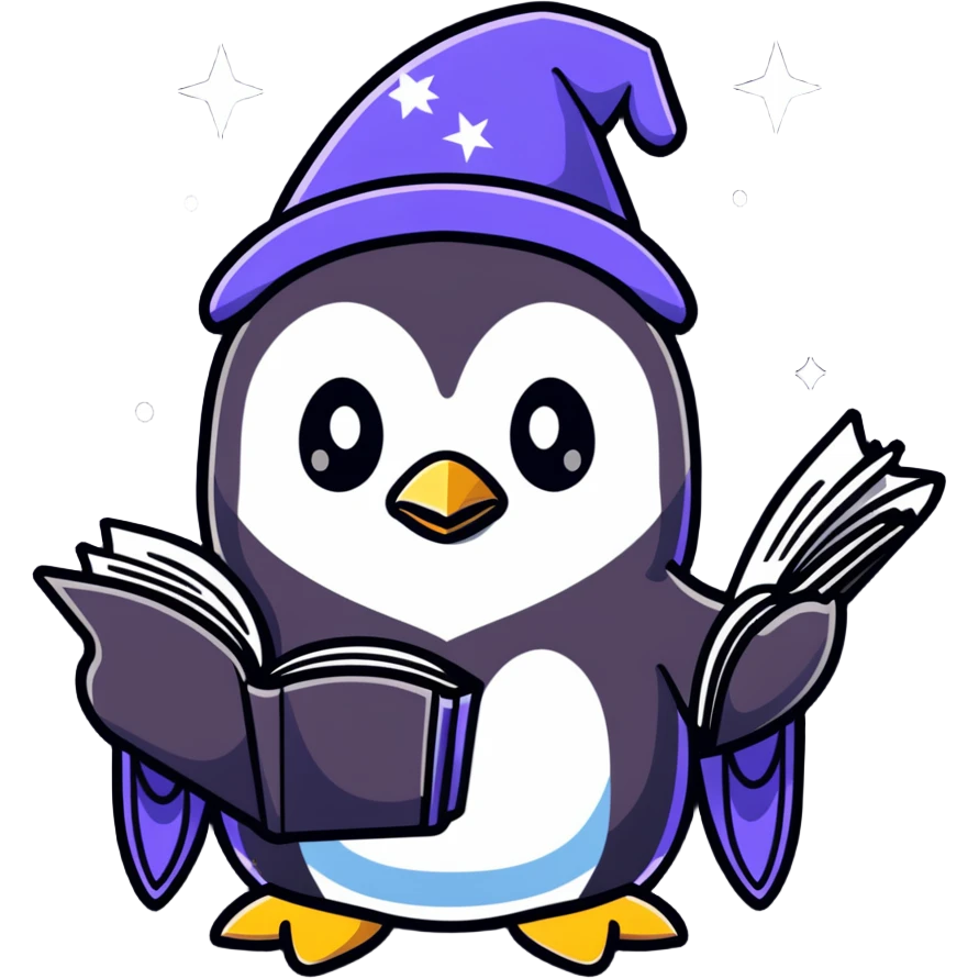 Cute penguin wizard with a flowing starry robe and magical spellbook emoji