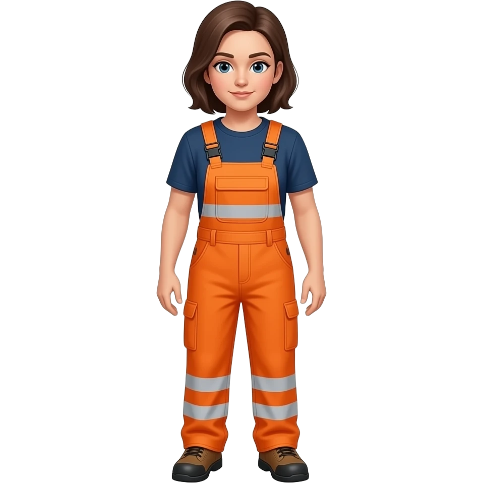 woman, standing in full orange hi-vis overalls with sleeves, looking down emoji