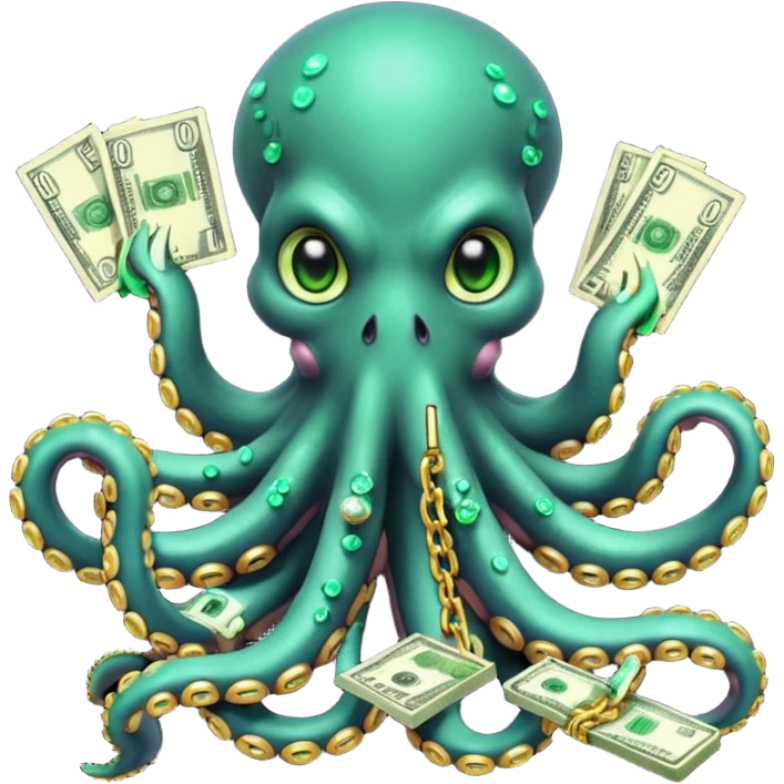 Intimidating octopus with pearl black skin, neon suction cups. Evil glaring eyes. Wearing a thick gold chain. 3 tentacles are holding their own cellphone, 2 other tentacles are holding stacks of money emoji