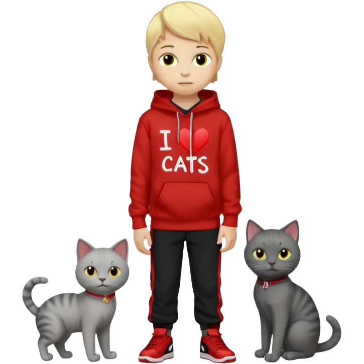 There is one 8 year old boy wearing a red and black hoodie say I heart cats he’s blond he has red Jordan’s and Hess wearing black pants he’s next to his only gray cat with yellow eyes  emoji