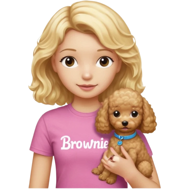 hazme un emoji que sea una niña rubi con el pelo ondulado i una camiseta rosa que ponga brownie, i acariciando a un perro (caniche toy) emoji