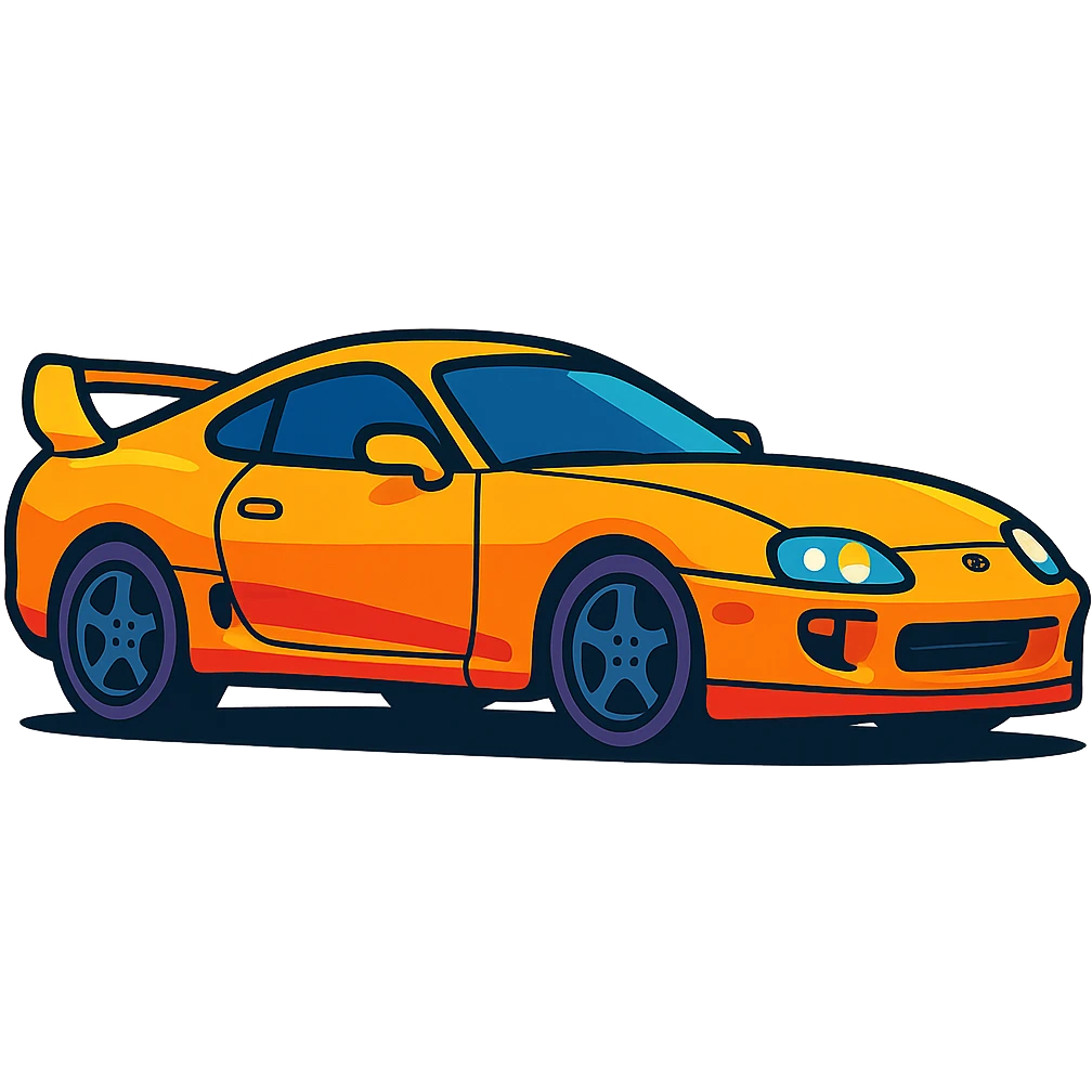 Toyota Supra MK4 side profile, bold colorful toon style, sleek curves, large rear wing emoji