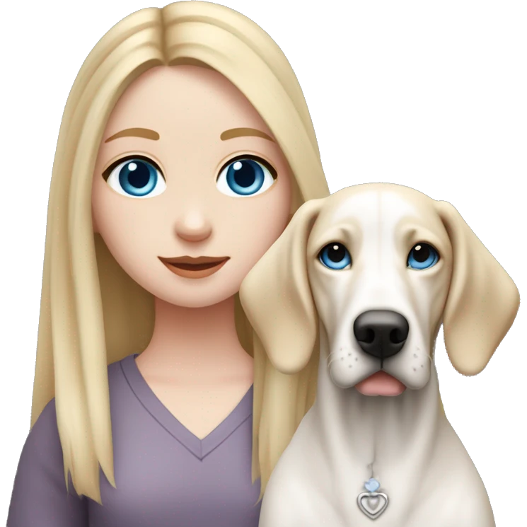 pale skin girl with blue eyes with long blonde hair that has a flower in her hair  holding a English pointer mixed with a lab dog breed the dog also has a flower in its hair emoji