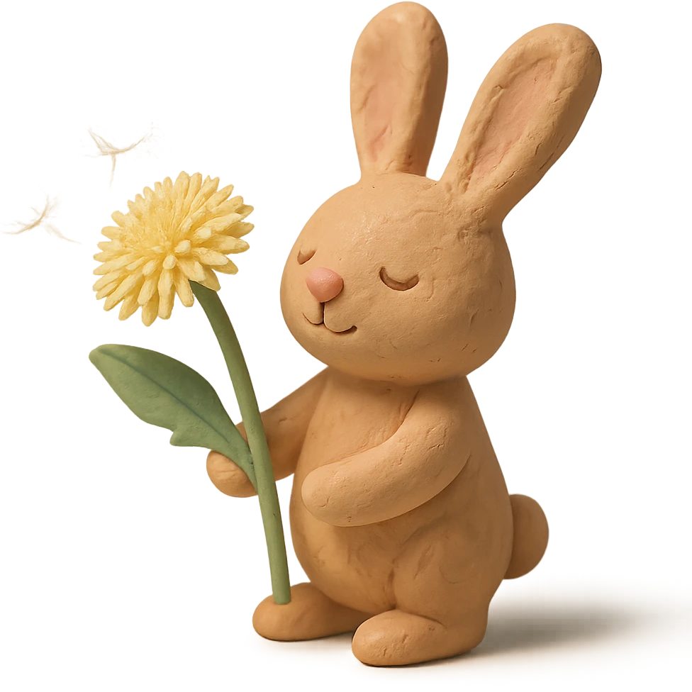 bunny holding a dandelion in the breeze, gentle spring vibe, soft pastel colors, transparent background, claymation style emoji
