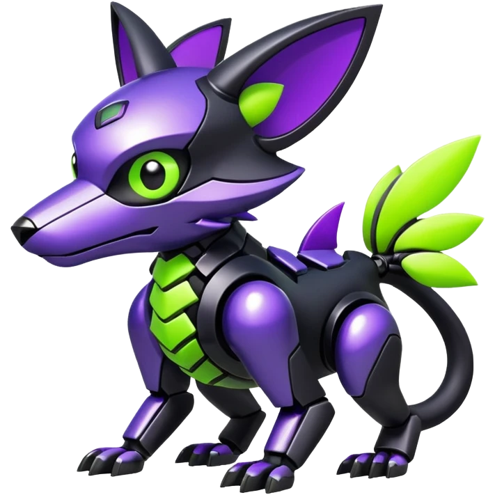 Futuristic modern mechanical badass cool shiny metallic alloy black-obsidian purple neon-green white lime animal hybrid Fakemon full body emoji