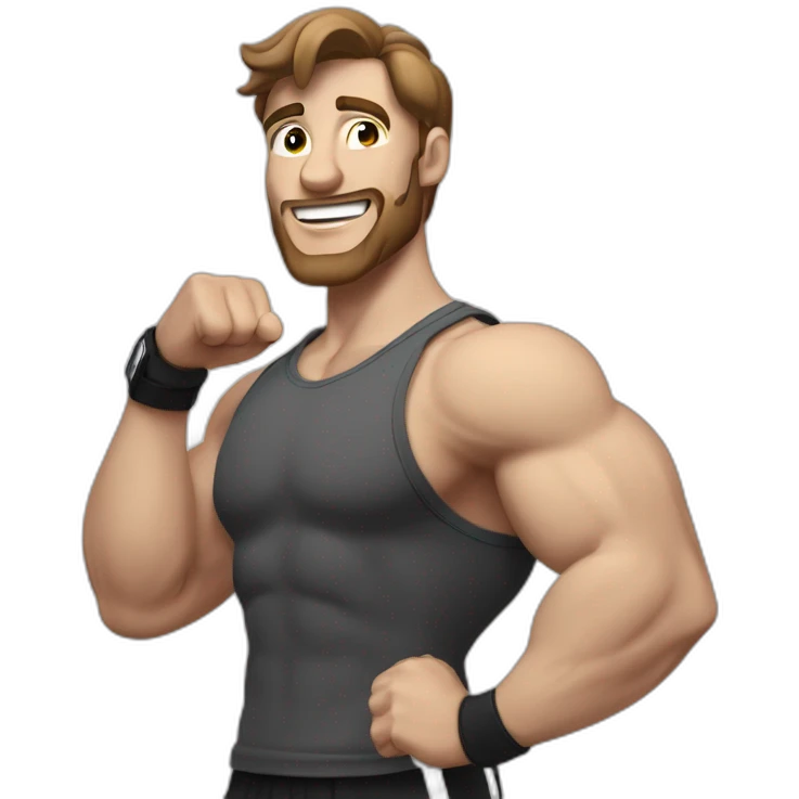 Close up Actively gesturing  with hands Pale skinned Fit Man With the biceps and brown hair in dark gray Sleeveless Mike, black oversize sports shorts, watch and white Sneakers emoji