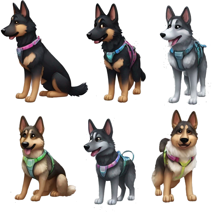  Black spotted brindle German shepherd husky fluffy ears and holographic harness running emoji