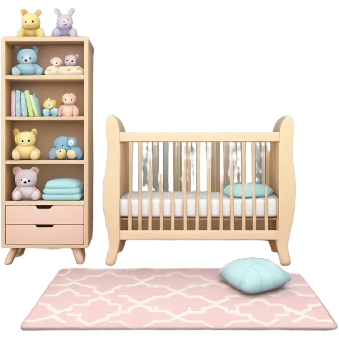 baby room, Crib beside toy shelf and rug emoji