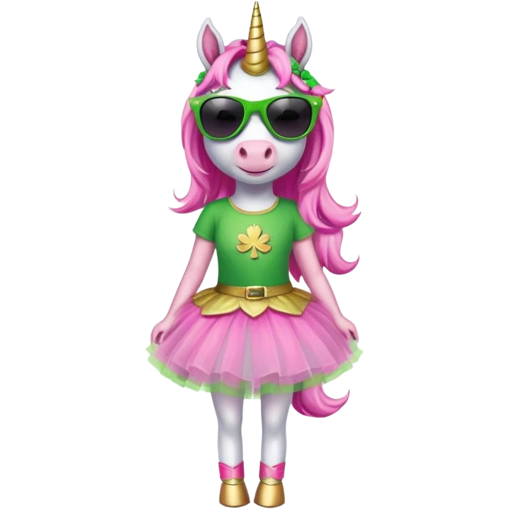 friendly anthropomorphised female unicorn with horse-like face, in tutu and pink t-shirt, wearing dark sunglasses, holding a shamrock or wearing a green accessory for St. Patrick's Day emoji