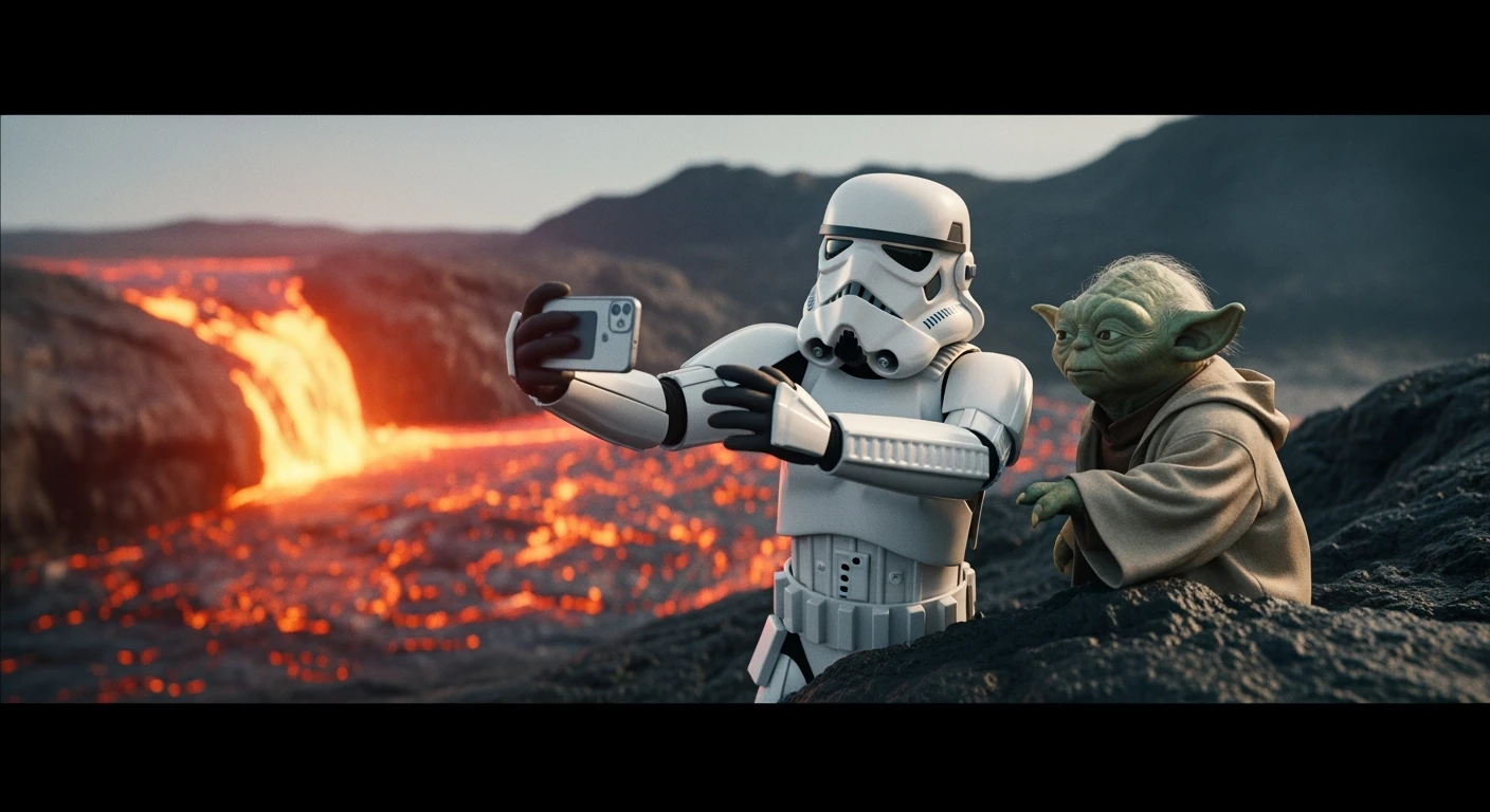 Starwars stormtroopers vlogging selfie, he is walking on lava planet with yoda emoji