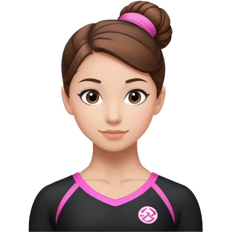 A female gymnast with brown hair in a neat bun, wearing a black uniform with pink elements. emoji